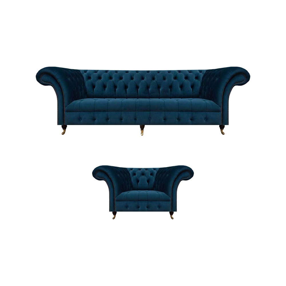 Luxus Chesterfield Blaue Stoffgarnitur Edle 3-Sitzer Couch Lehnsessel