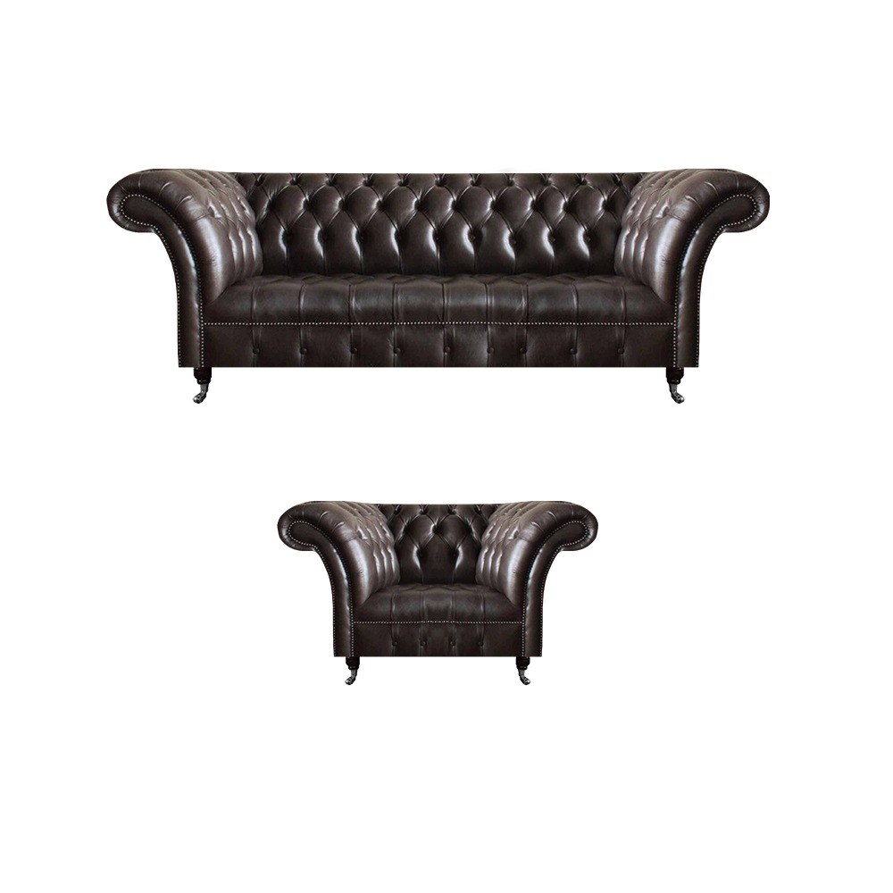 Dunkelbraune Chesterfield Garnitur Ledersessel Designer Couch 2tlg Set