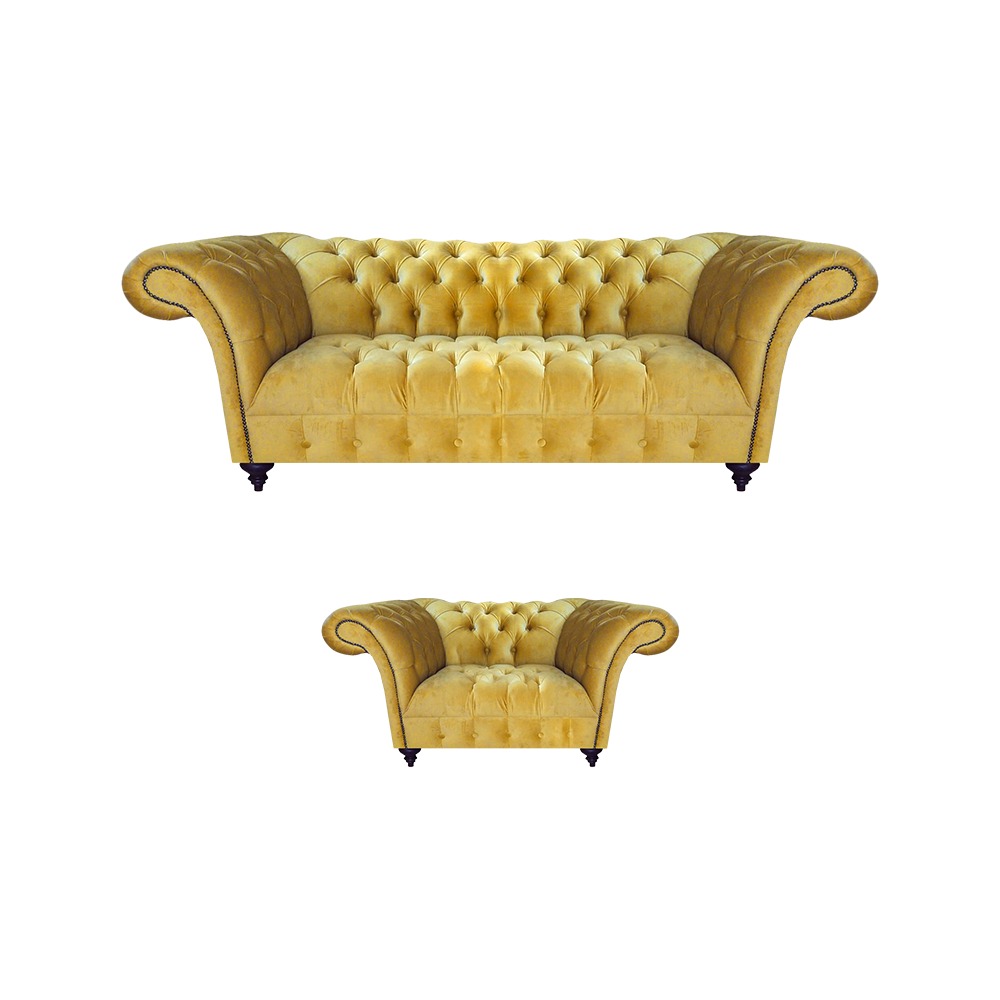Designer Chesterfield Couchen Gelber Sessel Moderner Dreisitzer 2tlg Set