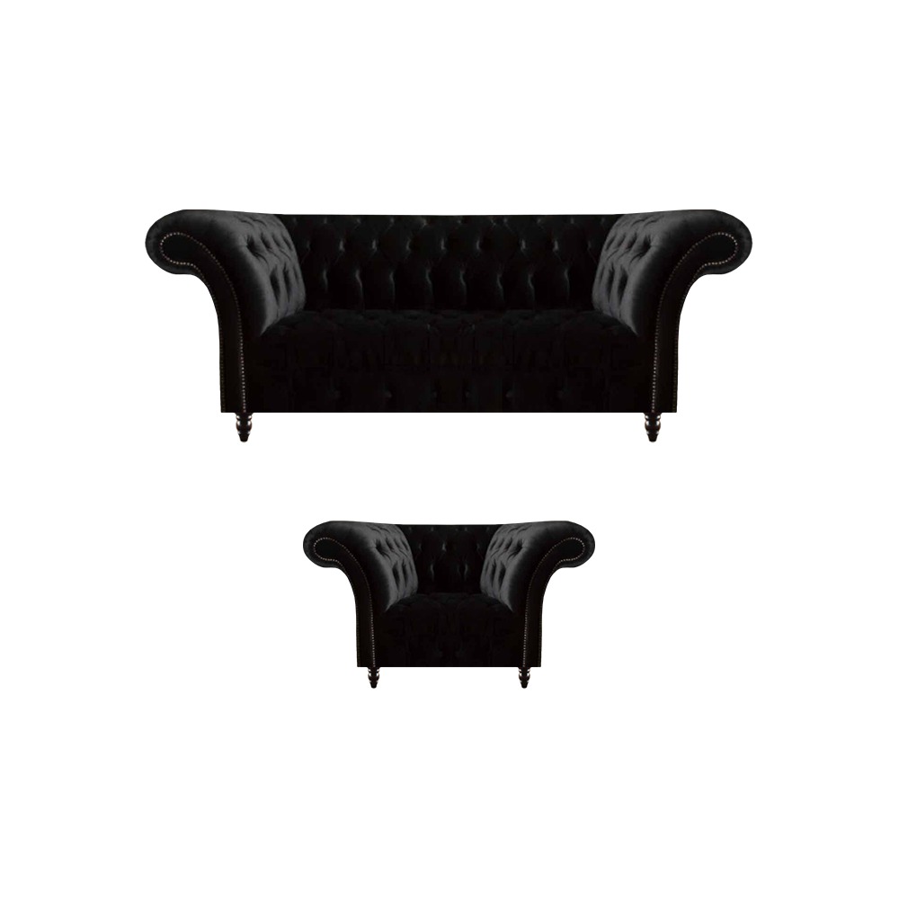 Schwarze Wohnzimmer Chesterfield Garnitur Designer Dreisitzer 2-Sitzer