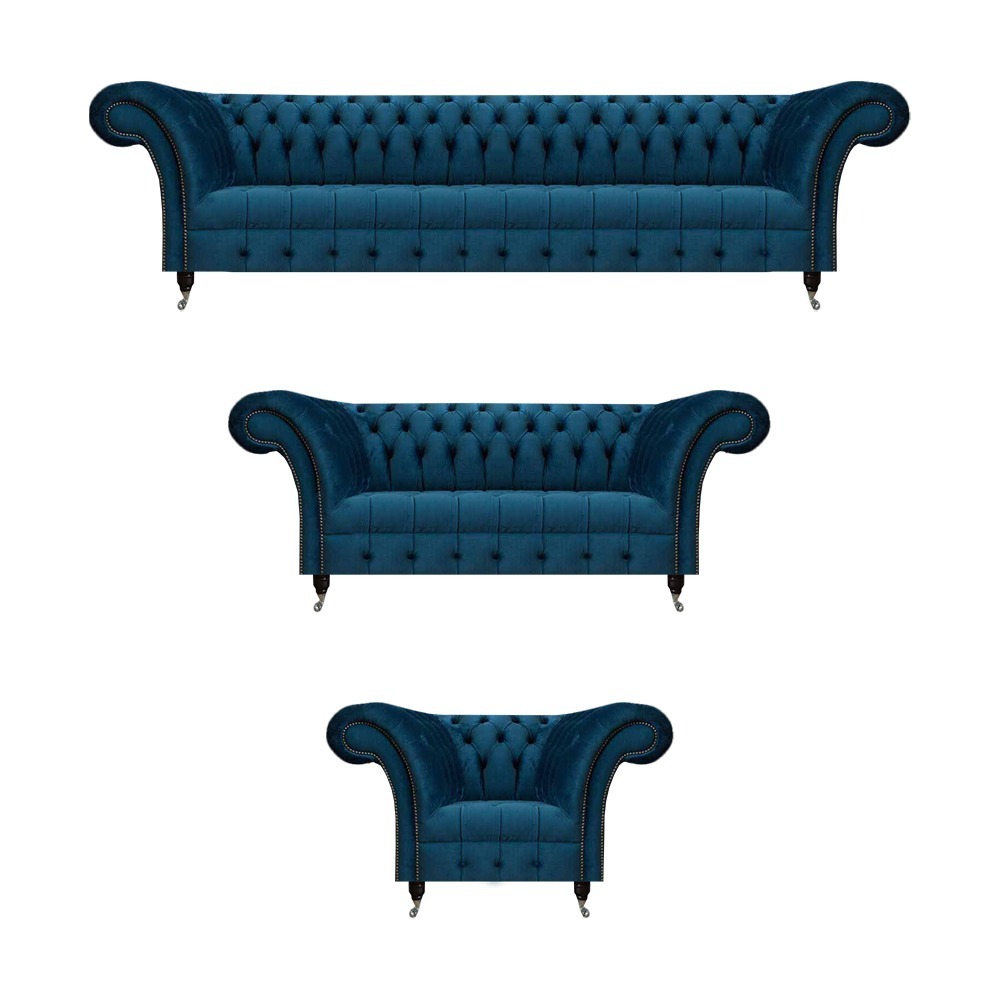 Luxuriöse Chesterfield Blaue Polstergarnitur Designer Textilsofas Sessel