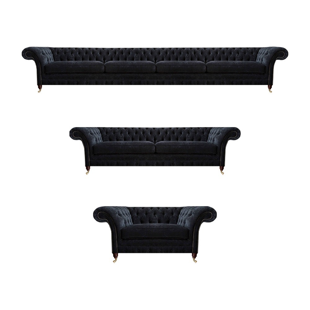 Chesterfield Schwarze Textilgarnitur Viersitzer Couch Zweisitzer Sessel