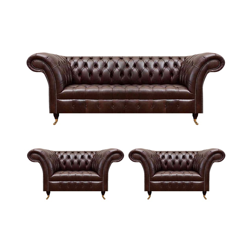 Luxus Braune Chesterfield Ledermöbel Designer Dreisitzer 2x Sessel 3tlg