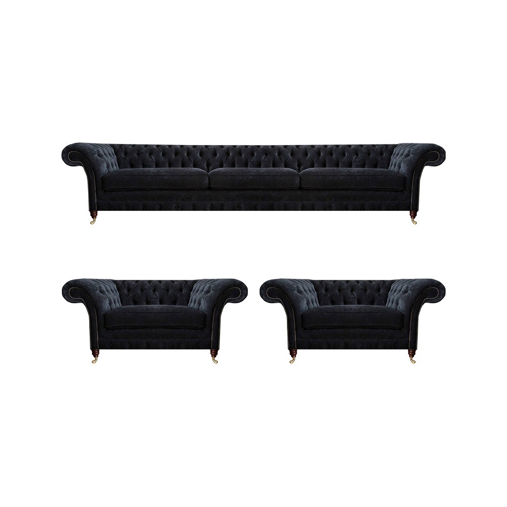 Edle Schwarze Chesterfield Wohnzimmer Sitzgarnitur Dreisitzer Sessel