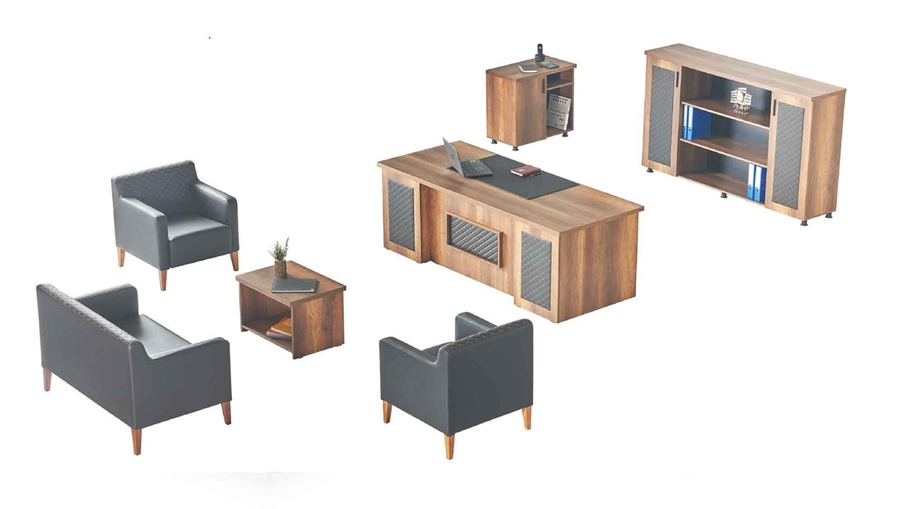 Schwarz-Braune Arbeitszimmer Garnitur Schreibtisch Sideboard Sofa Sessel