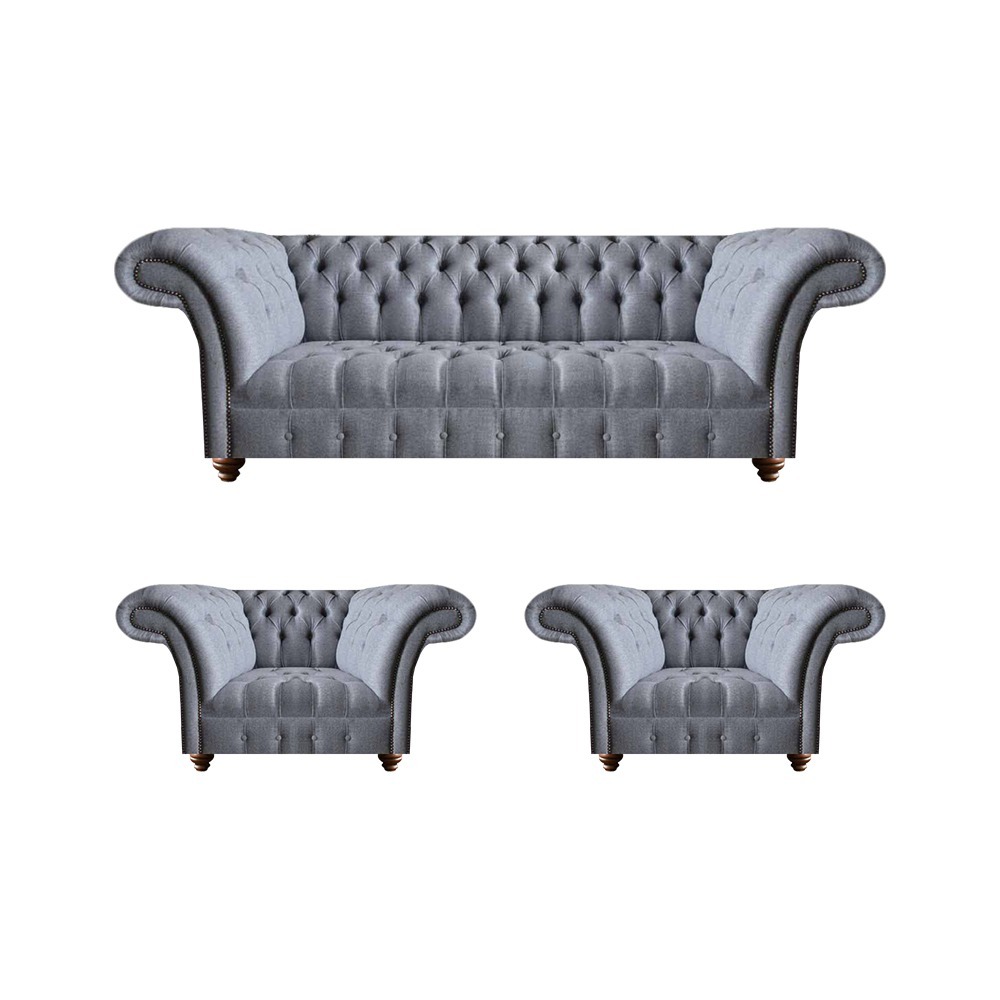 Chesterfield Hellgraue Sofagarnitur Edler Polster Dreisitzer 2x Sessel