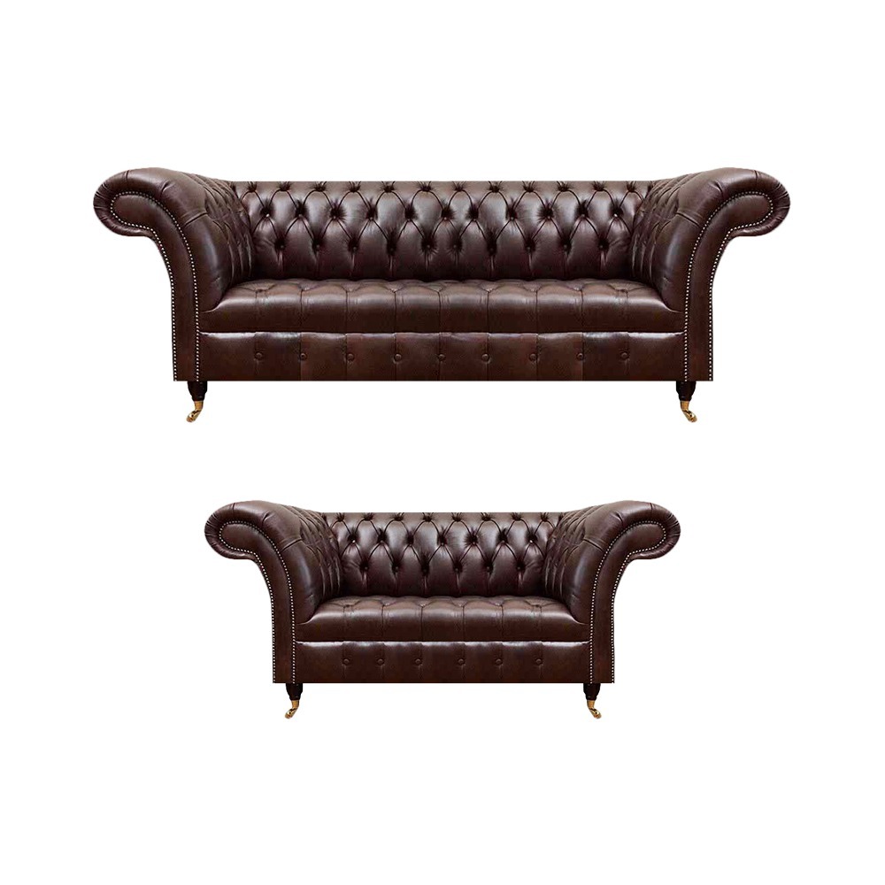 Schicke Braune Chesterfield Ledergarnitur Edle Sofas 3-Sitzer 2-Sitzer