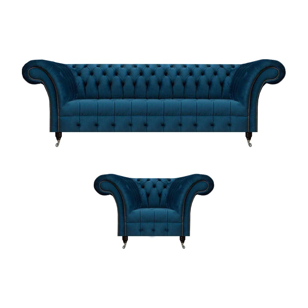 Dunkelblaue Chesterfield Polstermöbel Schicker 3-Sitzer Lehnsessel 2tlg