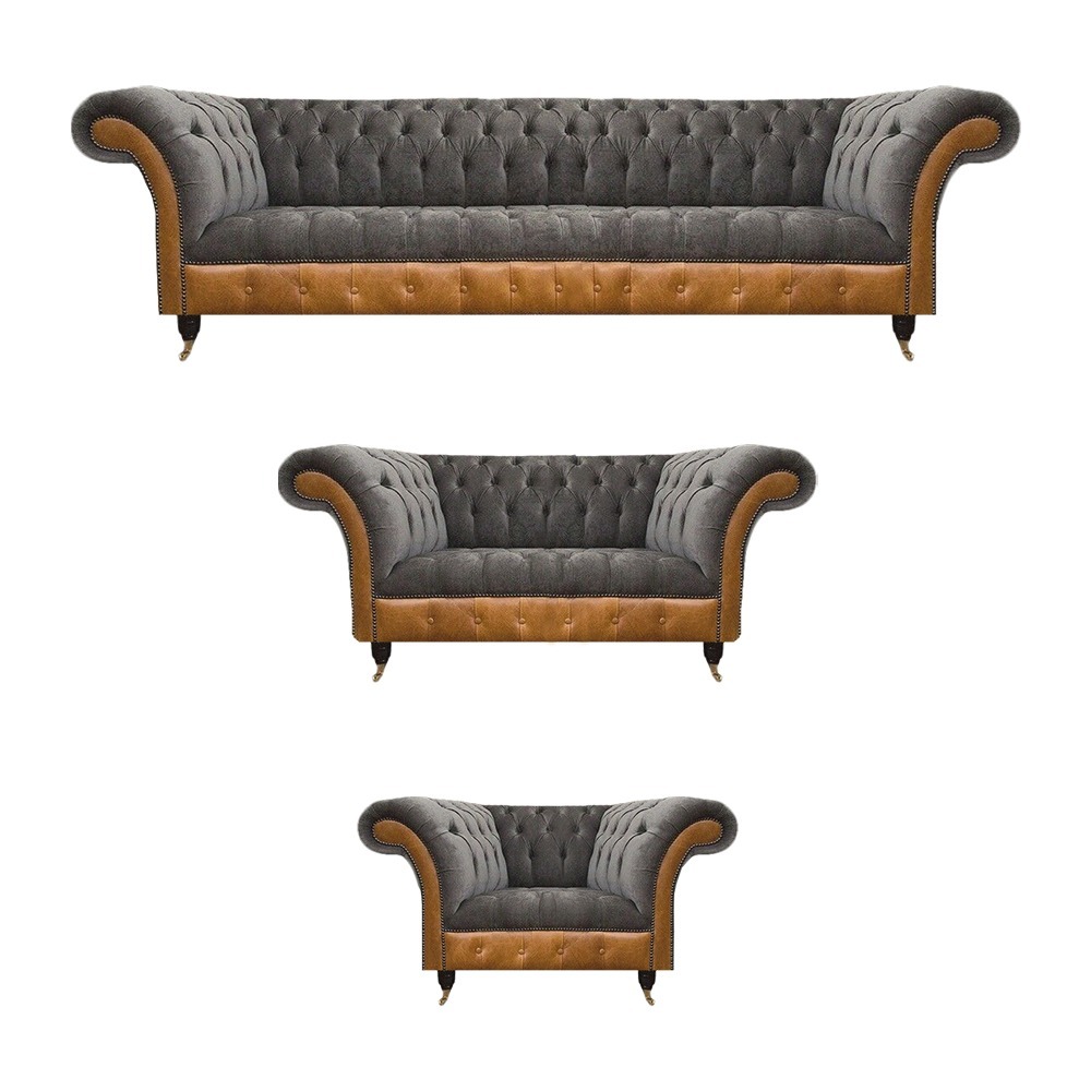 Grau-Braune Chesterfield Sitzgarnitur Polstersofas Textil Couchen 3tlg
