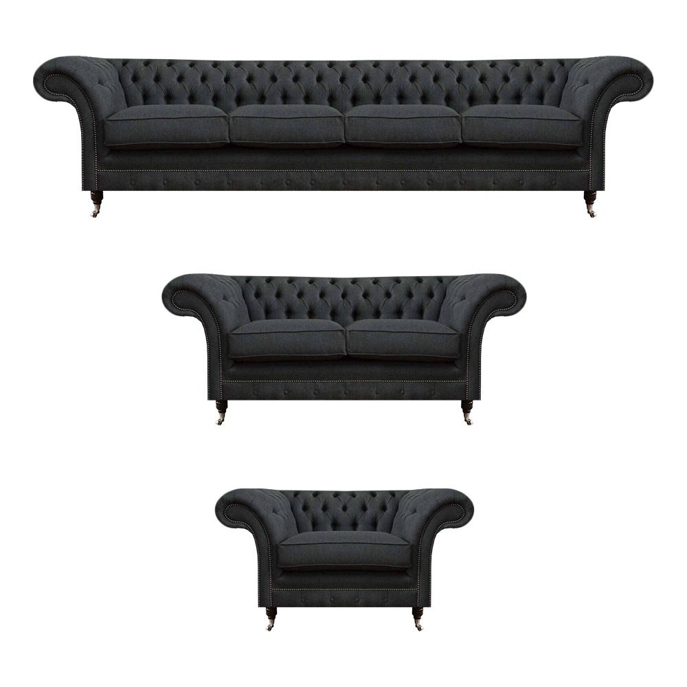 Chesterfield Graue Posltergarnitur Wohnzimmer Sitzmöbel Lehnsessel Sofas
