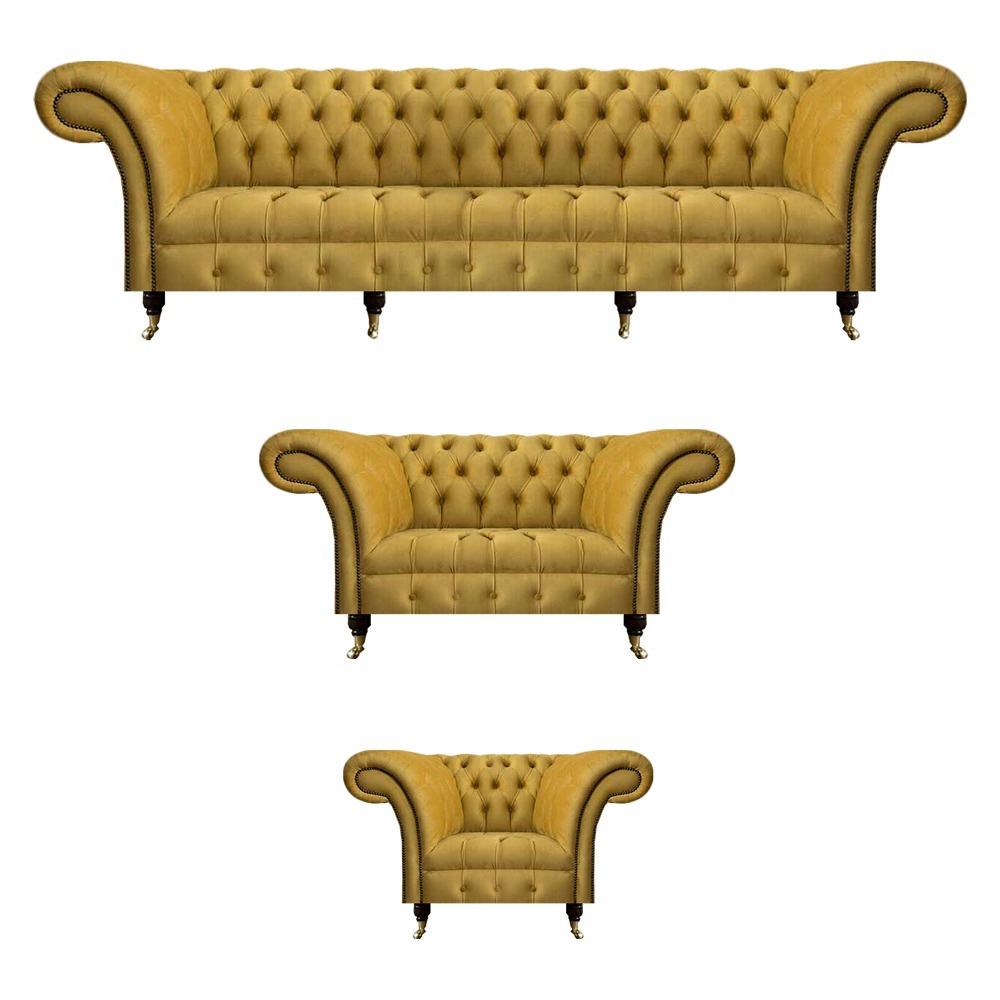 Gelbe Chesterfield Wohnzimmer Sitzgarnitur Polster Möbel Textilsitzer