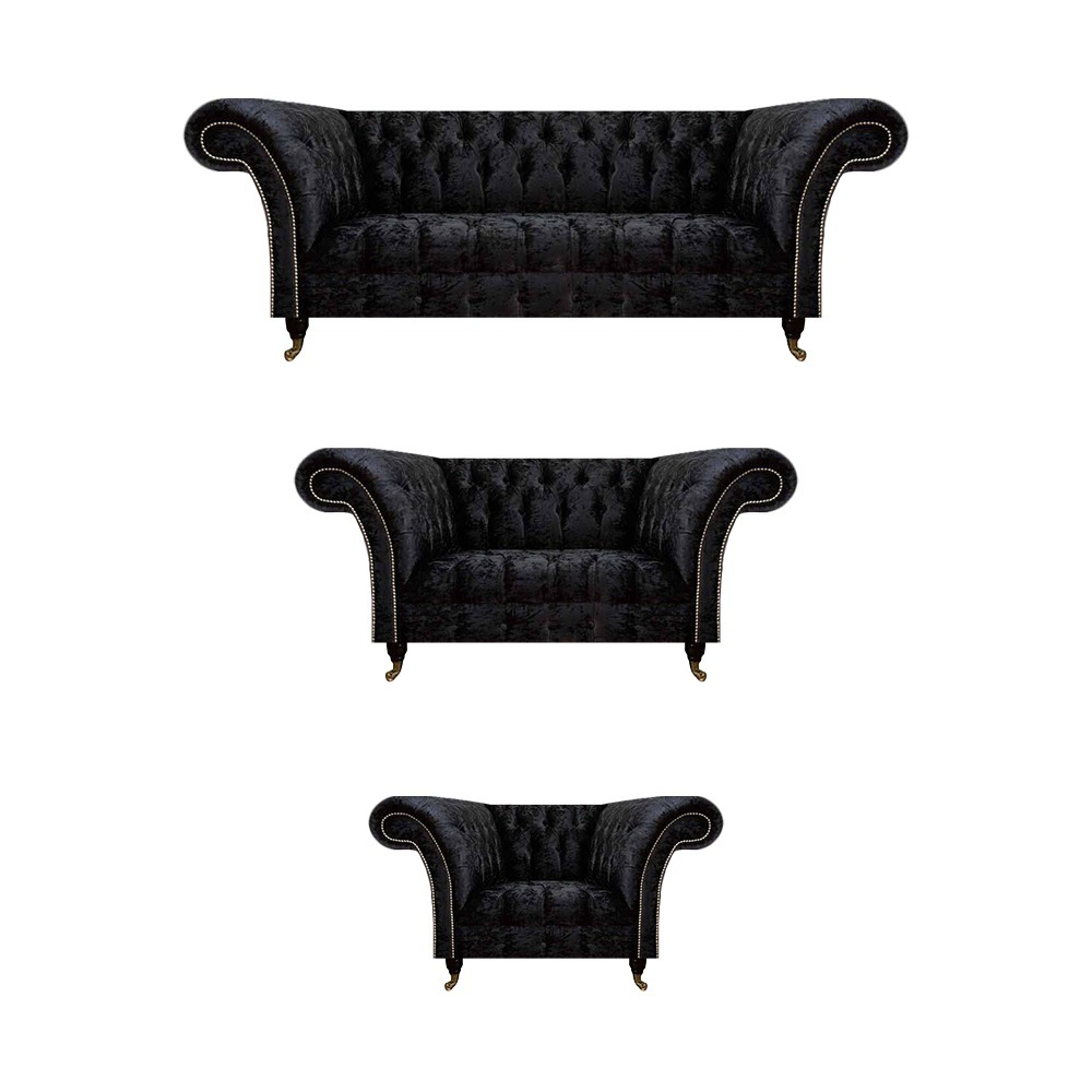 Schwarze Textil Chesterfield Garnitur Edler Dreisitzer Lehnsessel 3tlg