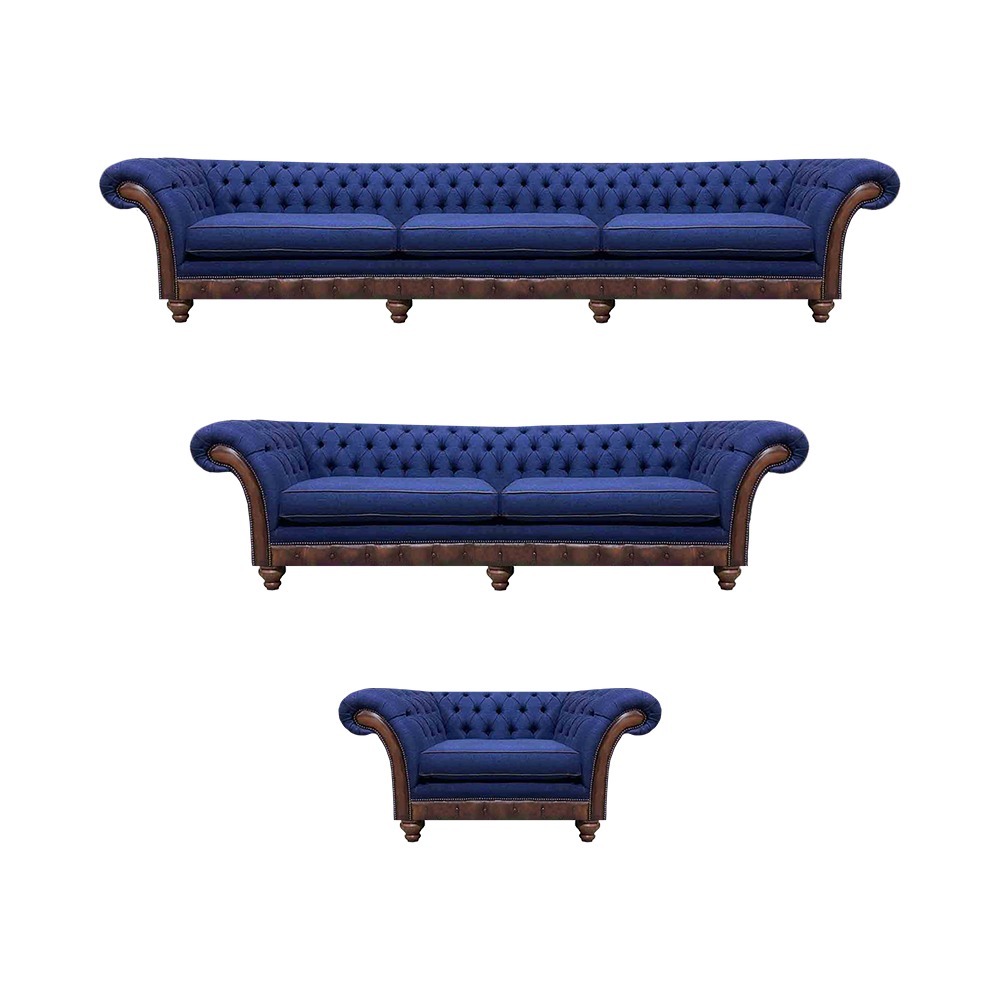 Designer Chesterfield Couchgarnitur Edler Blauer Dreisitzer Sessel 3tlg