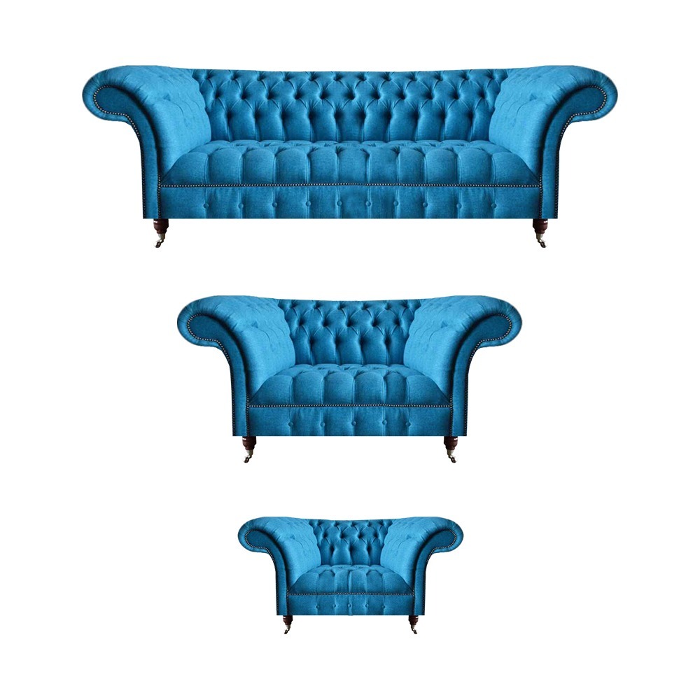 Chesterfield Hellblaue Designer Sitzmöbel Edler 3-Sitzer Zweisitzer 3tlg
