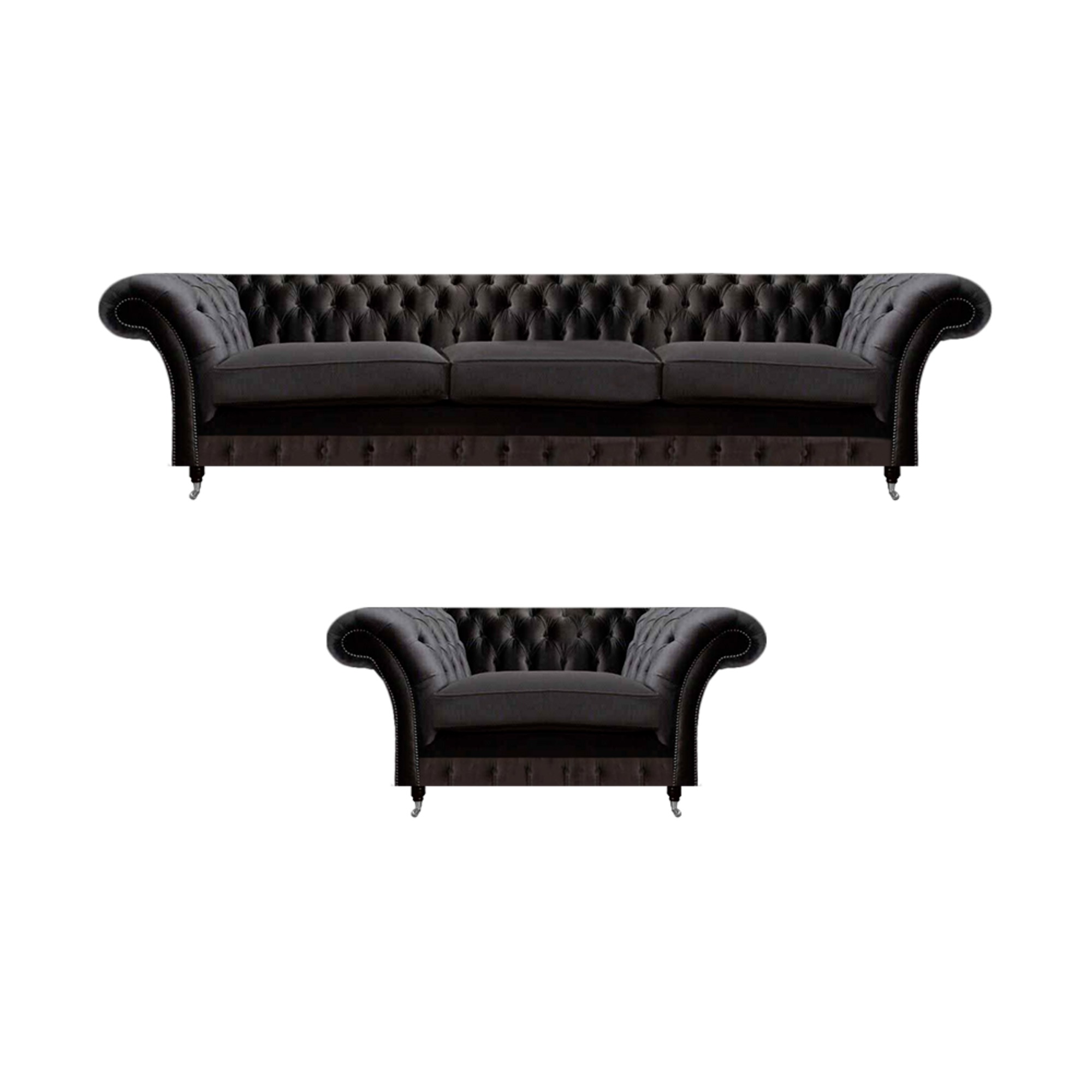 Edle Schwarze Chesterfield Garnitur Moderner Dreisitzer Textil Sessel