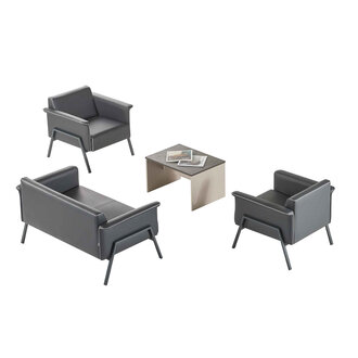 Dunkelgraue Arbeitszimmer Möbel Leder 2-Sitzer Holztisch 2x Sessel 4tlg
