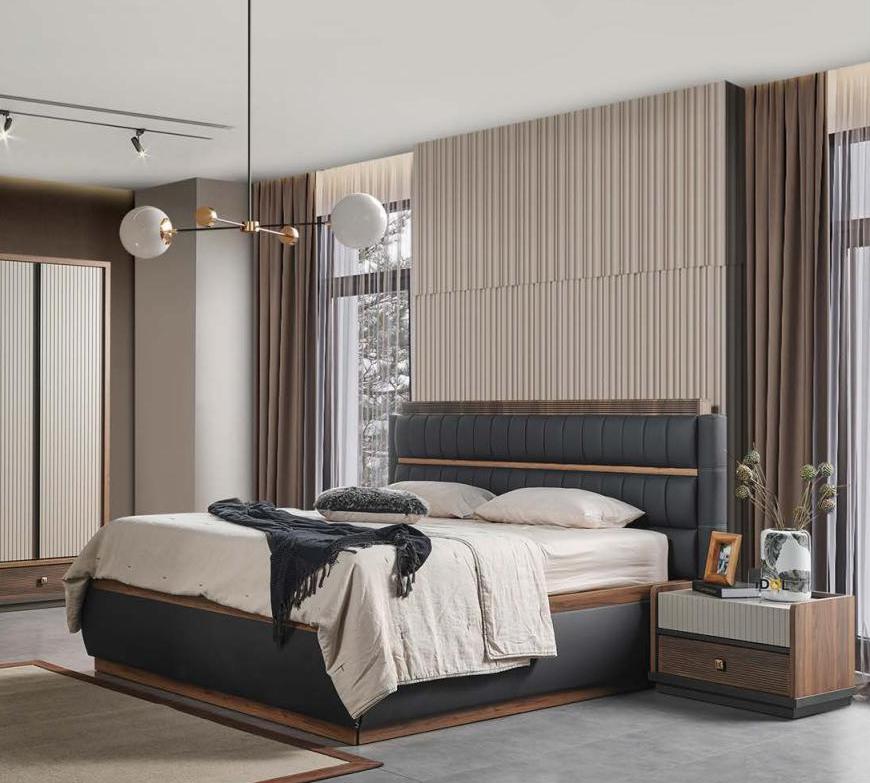Grau-Weiße Schlafzimmer Möbel Designer Bett Edle Holz Nachttische 3tlg