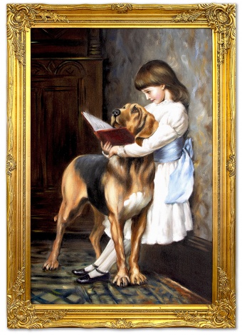 "Lesendes Mädchen mit Hund" Handarbeit Ölbilder Gemälde Leinwand G95324