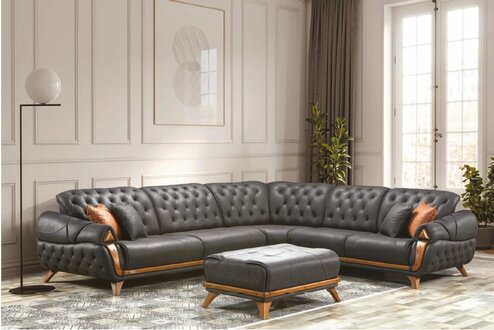 Wohnzimmer 2tlg Leder Schwarz Sofa Sofas L-Form Sitz Farbe Ecksofa Hocker