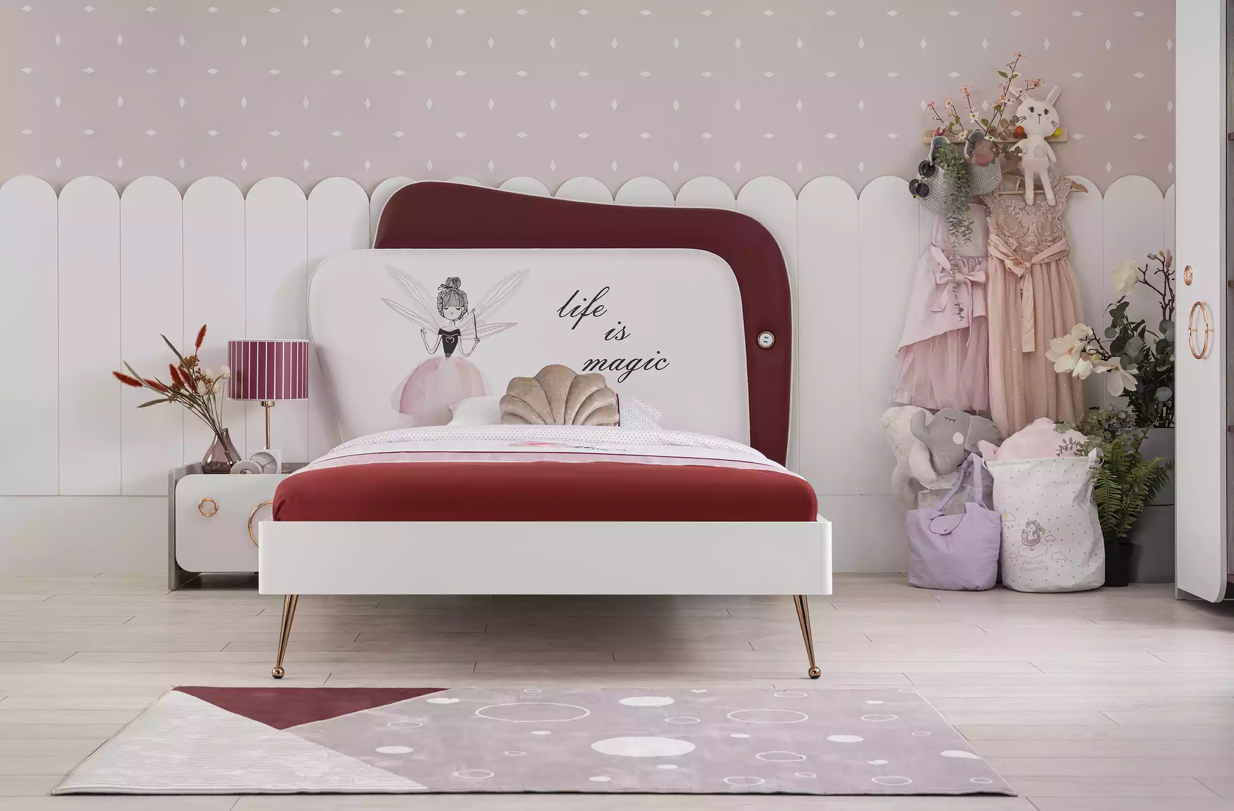 Weiß-rotes Kinderzimmer Bett Luxus Betten Nachttisch Holz Garnitur 2tlg