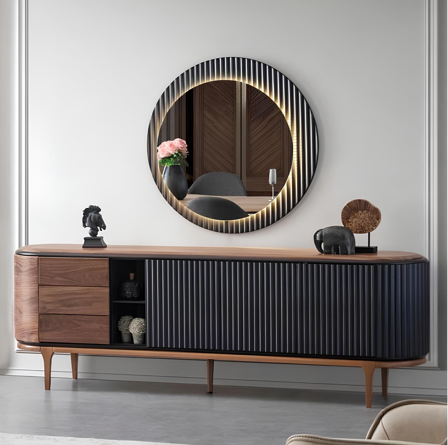 Stilvolle Garnitur Designer Braunes Sideboard Rundspiegel 2tlg Holz Set