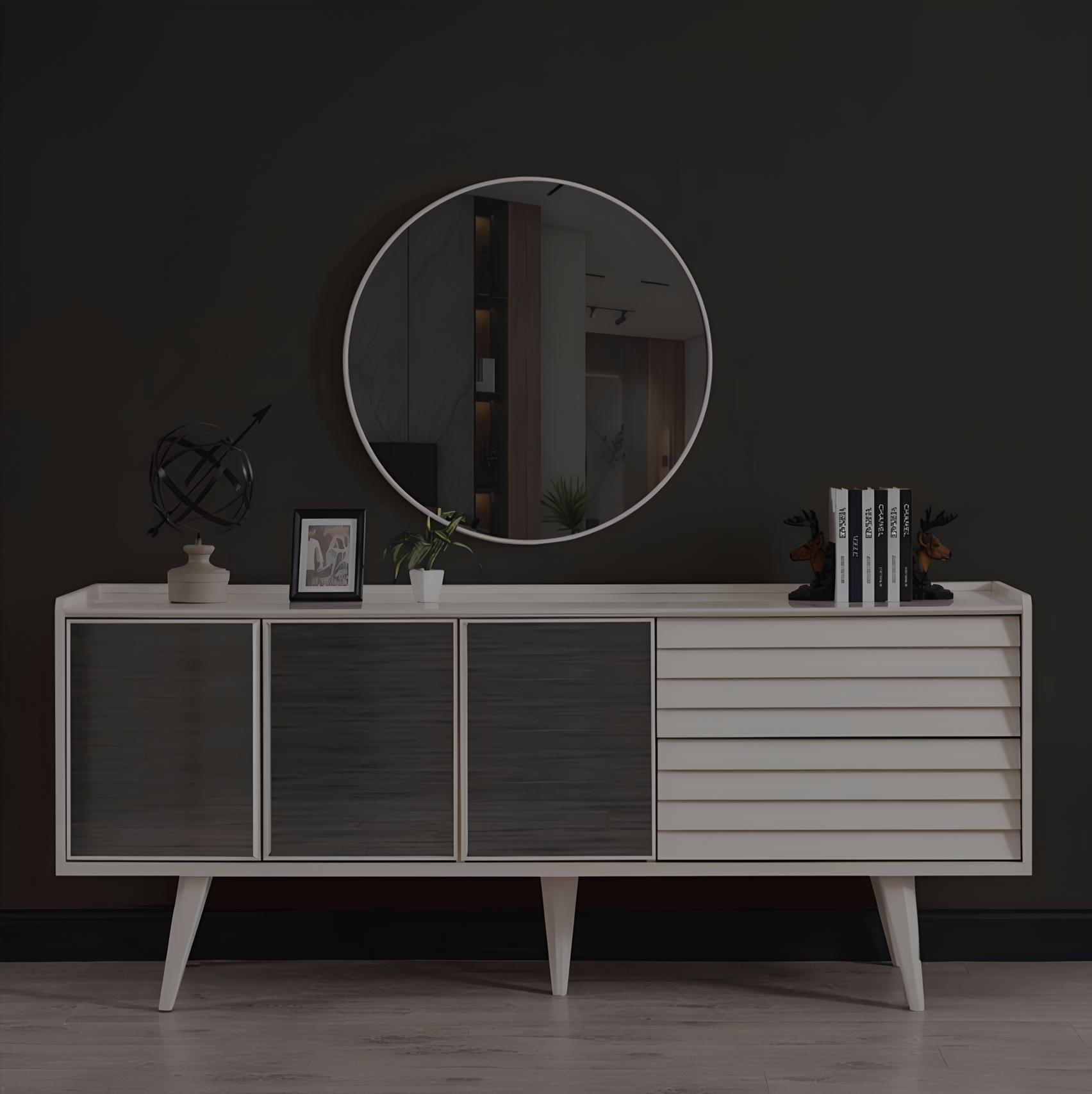 Weißes Sideboard Luxuriöser Rundspiegel Designer Holzmöbel 2tlg Set Neu