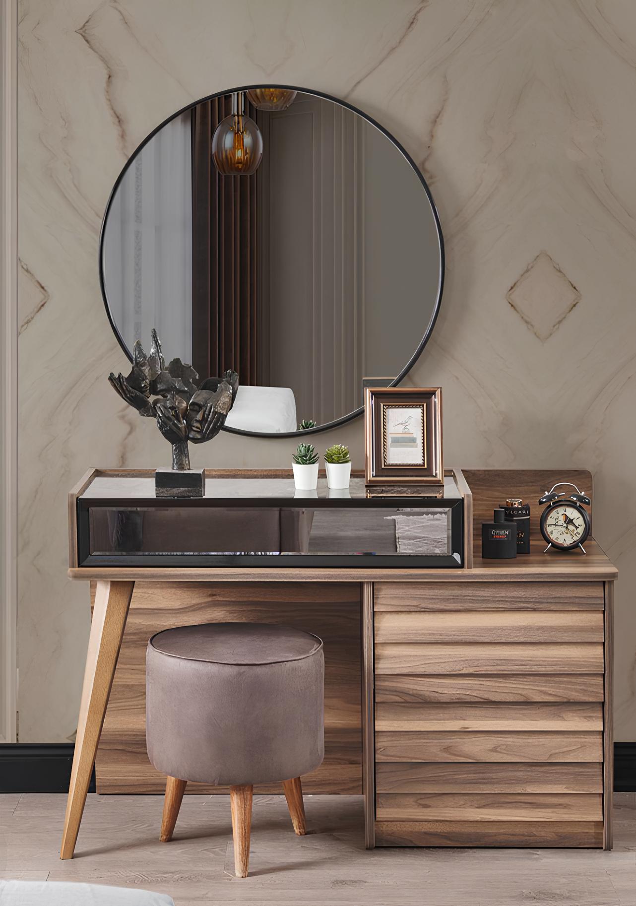 Brauner Holz Schminktisch mit Rundspiegel Designer Schlafzimmer 2tlg Set Konsole