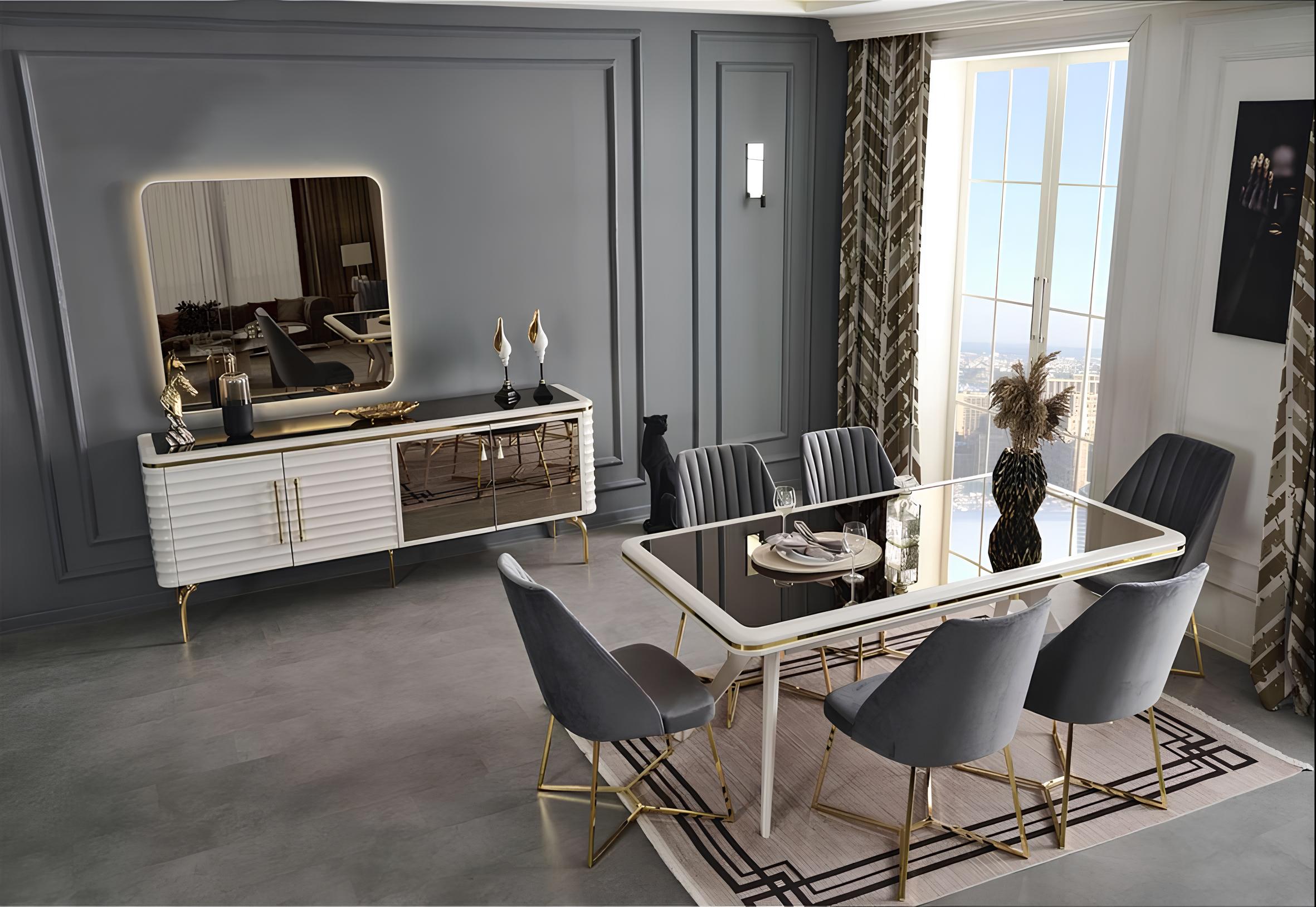 Weiß-Graue Esszimmer Garnitur Holztisch 6x Textil Stühle Sideboard 9tlg