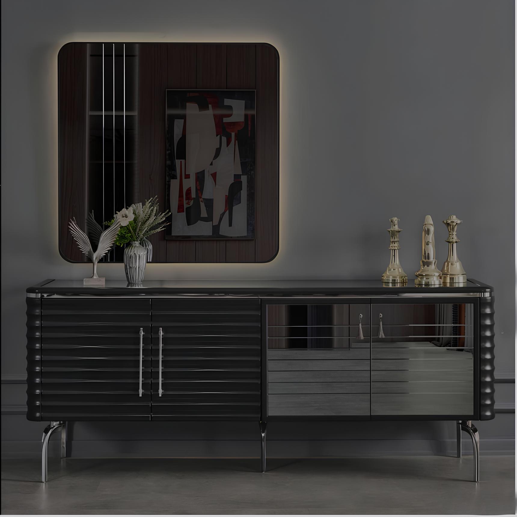 Stilvolle Esszimmer Garnitur Luxus Schwarzes Sideboard Spiegel Holzmöbel