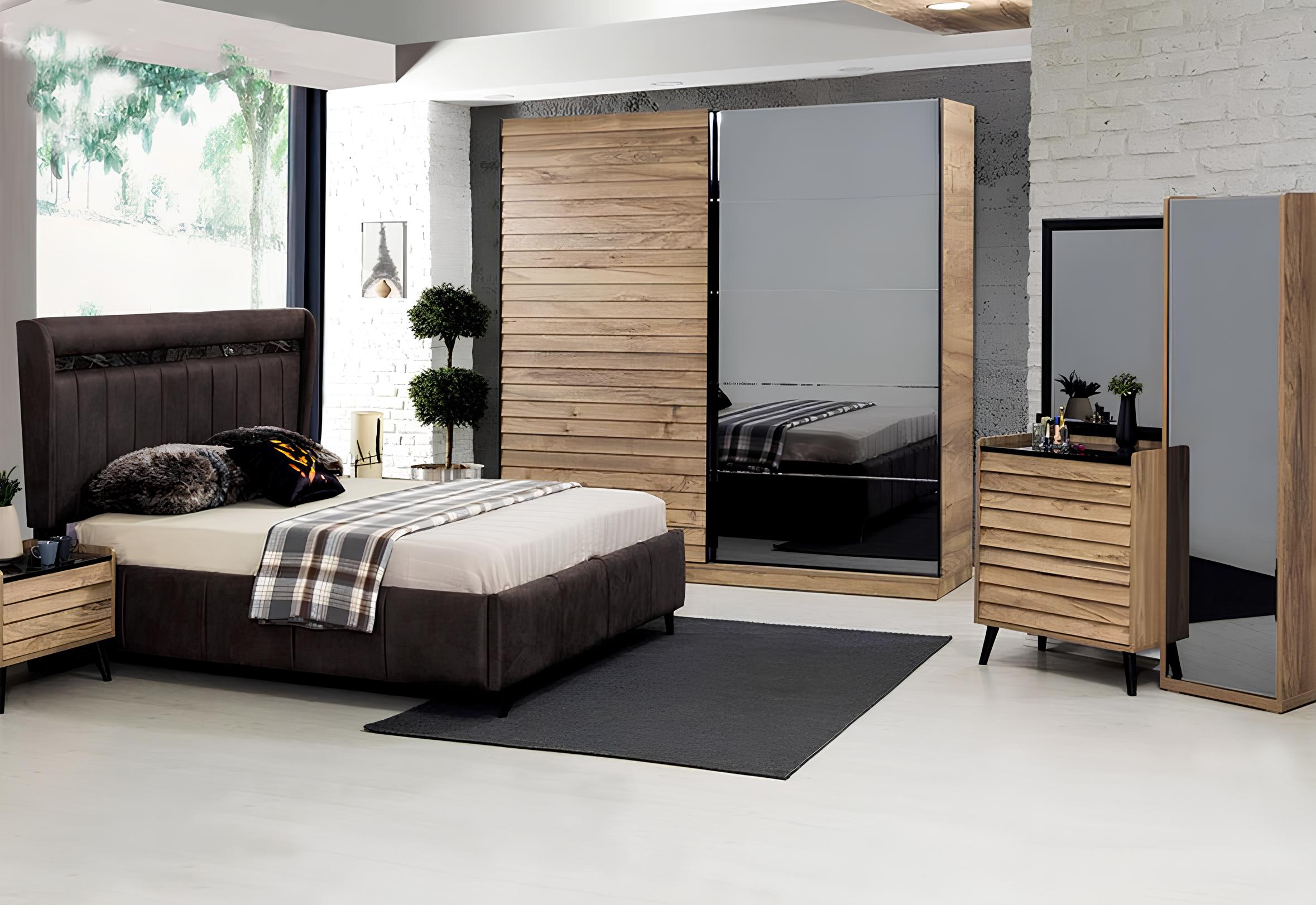 Schlafzimmer Möbel Designer Polsterbett 2x Nachttische Kleiderschrank