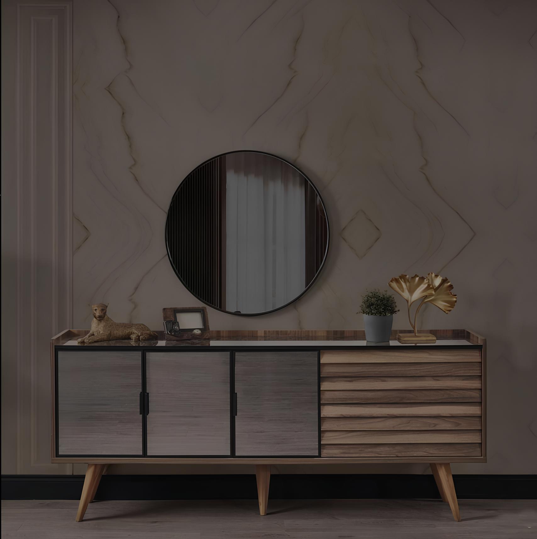 Braunes Esszimmer Set Stilvolles Sideboard Rundspiegel Holzmöbel 2tlg