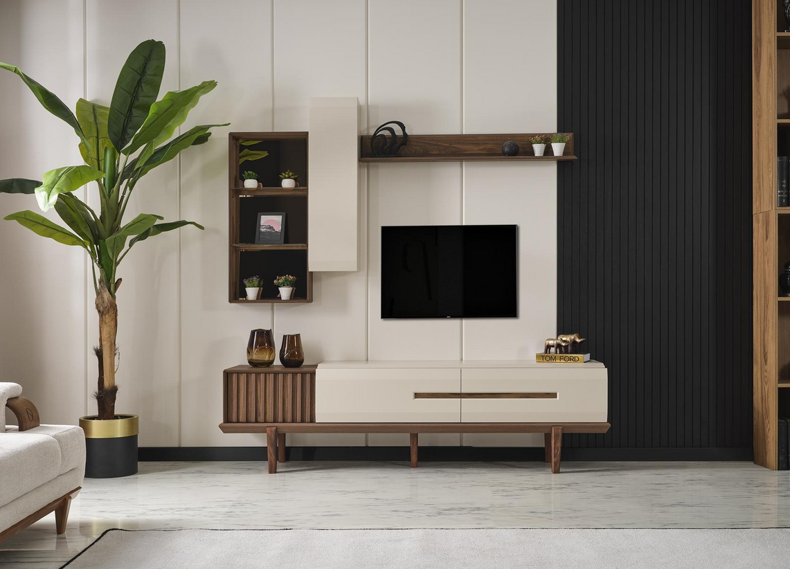 Luxus Weiß Braun Set TV Sideboard Regale Schrank TV Moderne Holzmöbel