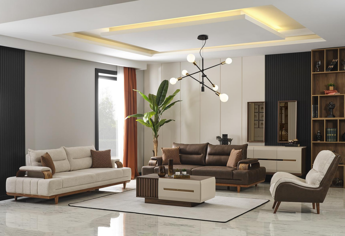 Stilvolles Weißes Braunes Sofas Set Gepolsterter Sessel 3+3+1 Wohnzimmer