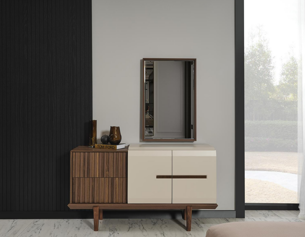 Modern Weiß Braun Schminktisch Rechteckig Spiegel Luxus Schlafzimmer Möbel