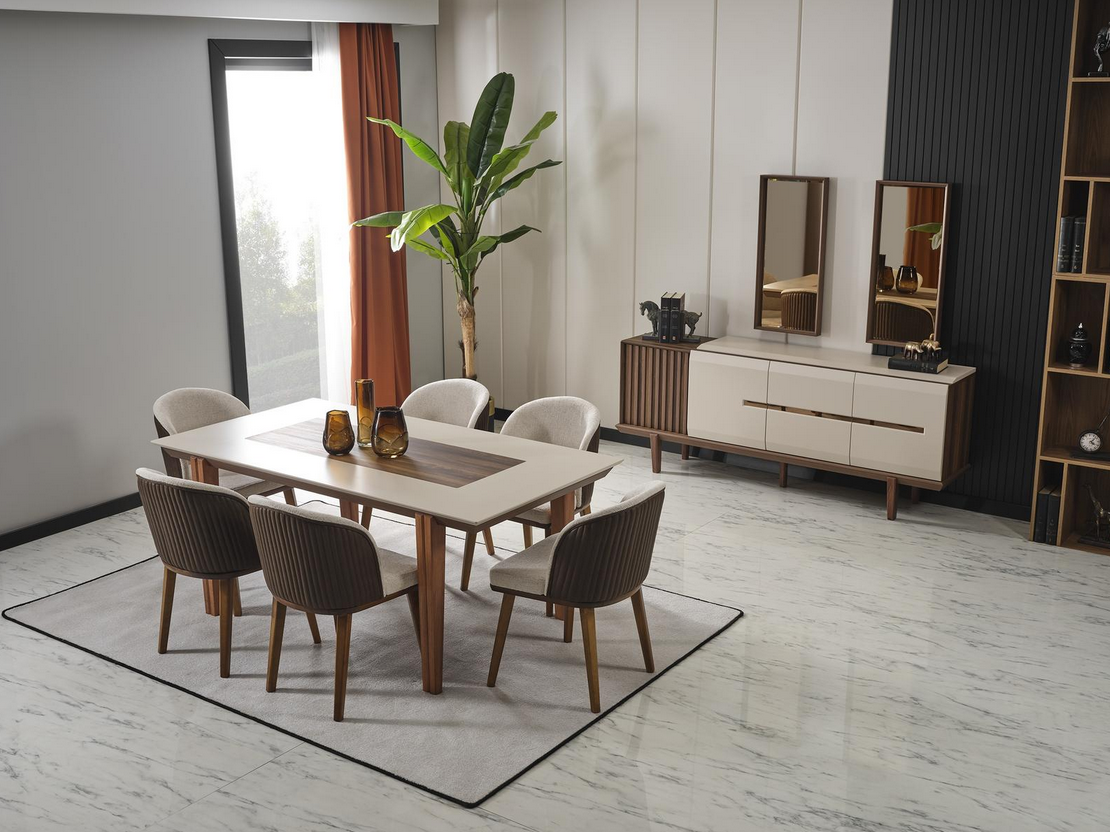 Modernes Weiß Braunes Esszimmer Set Holzmöbel Deluxe Tisch Sessel Stühle
