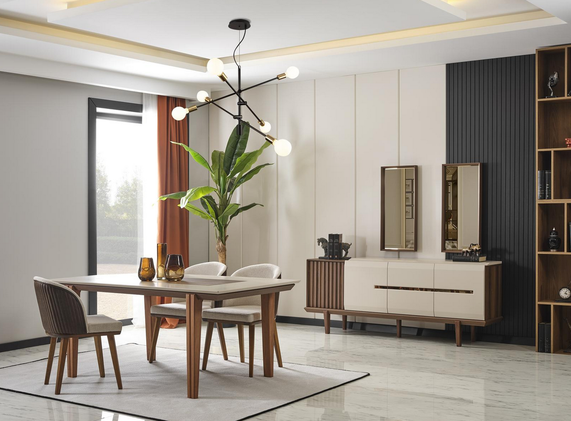 Modernes Weiß Braunes Esszimmer Set Stilvoller Holztisch Anrichte 9tlg.