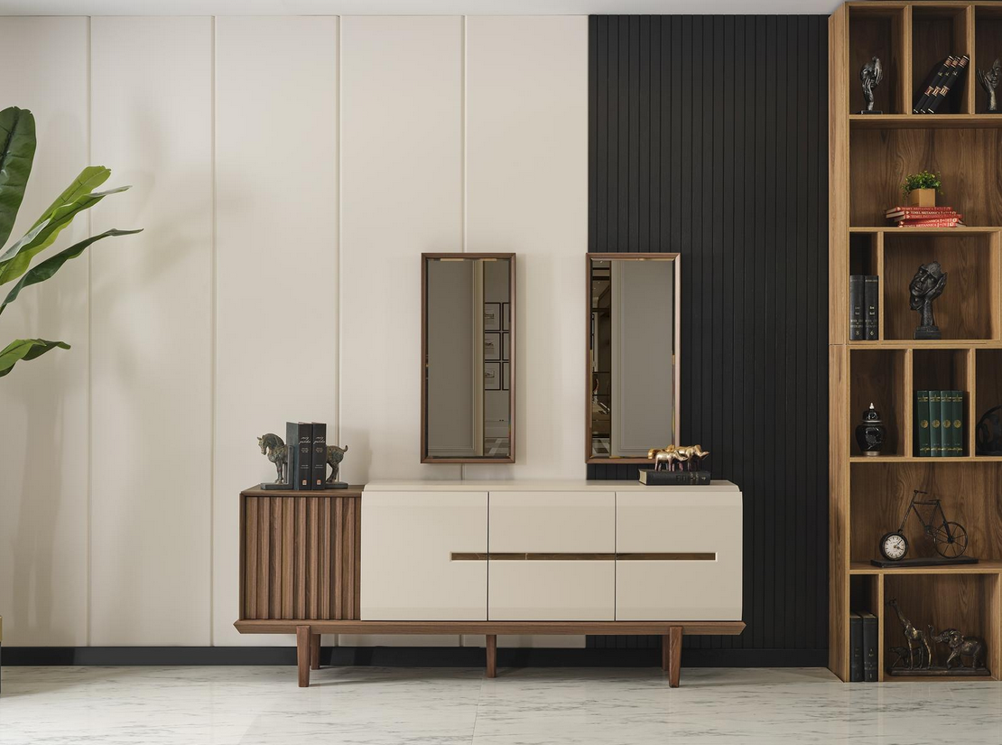 Modernes Weißes Braunes Anrichte Luxe Holzmöbel Spiegel Esszimmer 2tlg