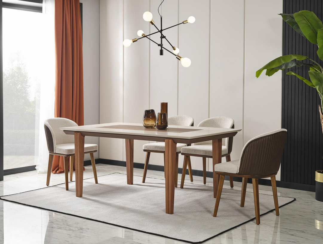 Luxuriöses Weiß Braunes Esszimmer Set Holzmöbel Deluxe Tisch Stühle 5tlg