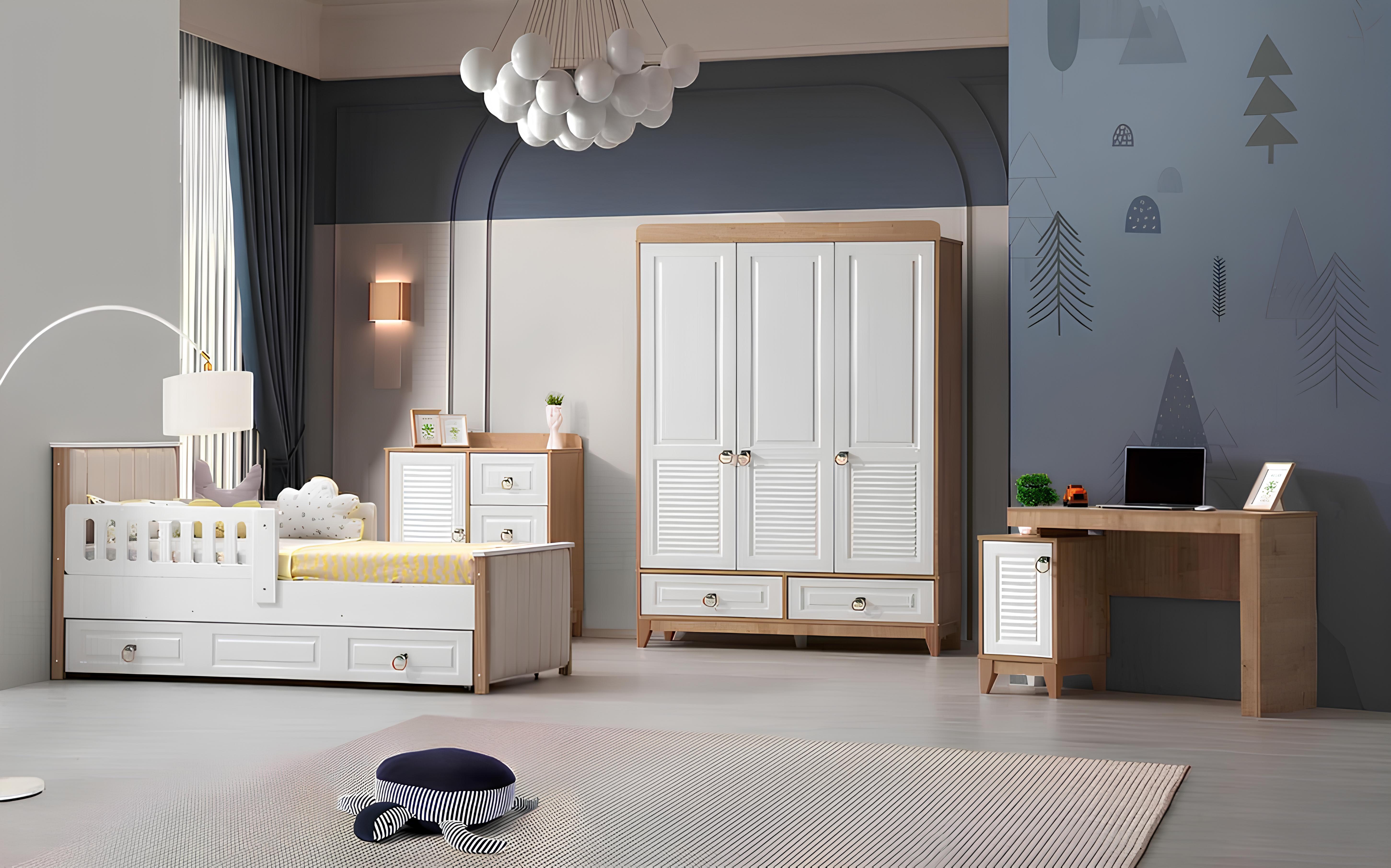 Luxuriös Kinderzimmer Set Besteht aus Bett Schrank Kommode Tisch 4tlg.