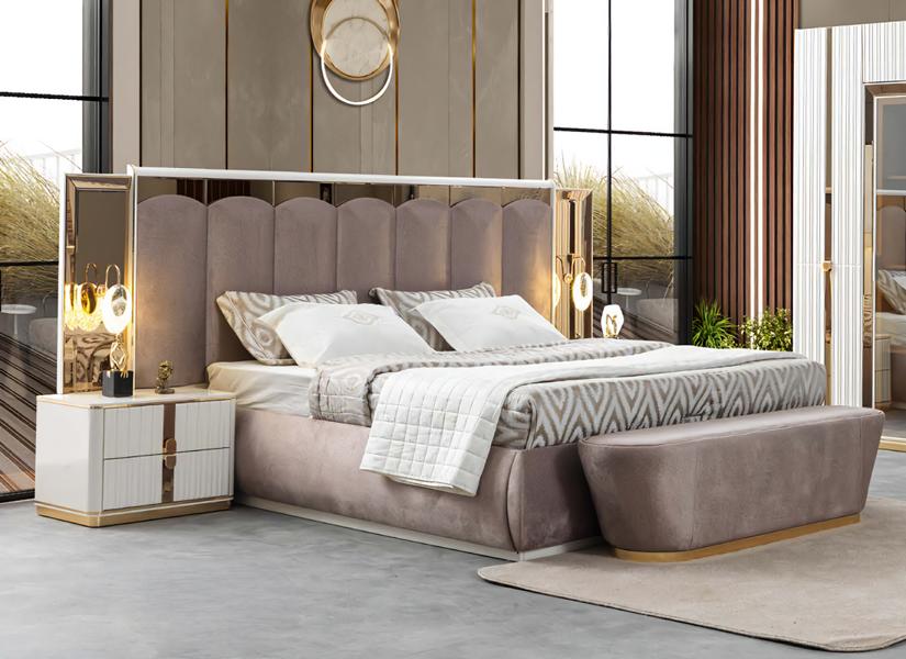 Schlafzimmer Set Bett Nachttische Bank Weiß Rosa Glas Holz Edelstahl