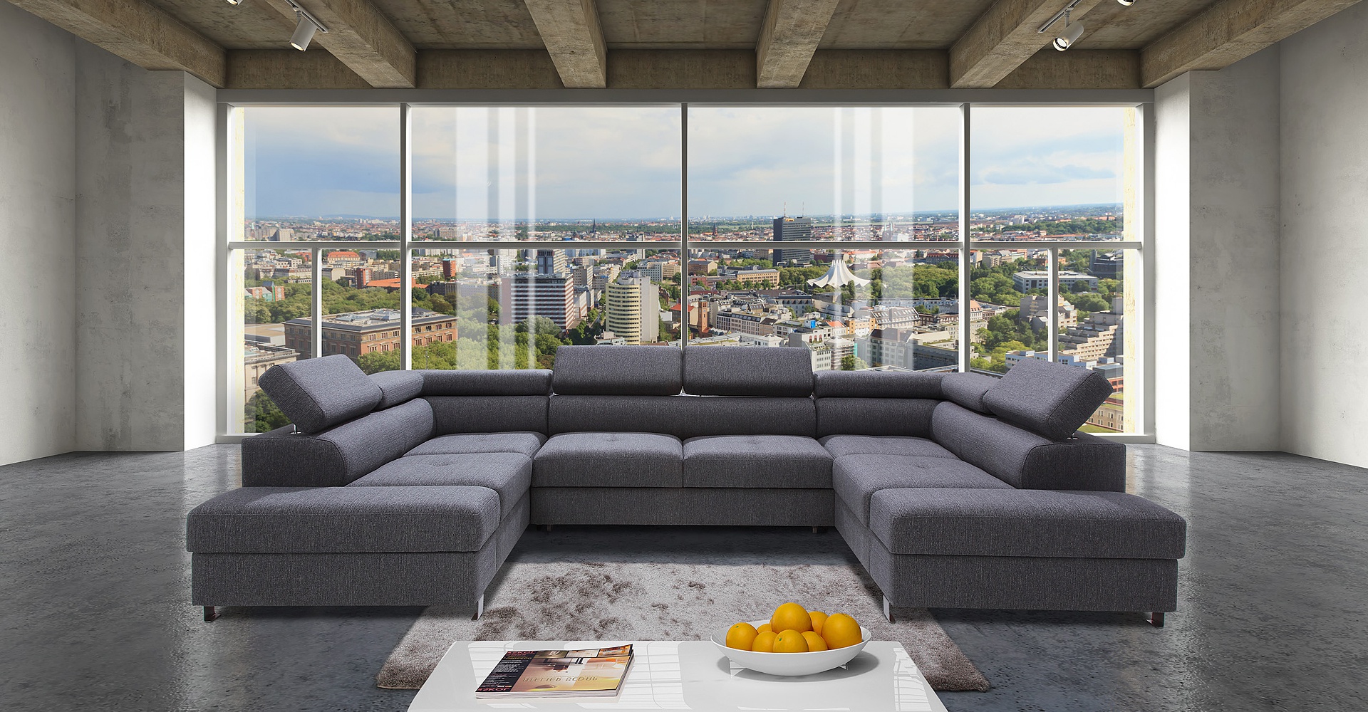 Wohnlandschaft Bettfunktion Bettkasten Stoff Ecksofa U-Form Design Polster