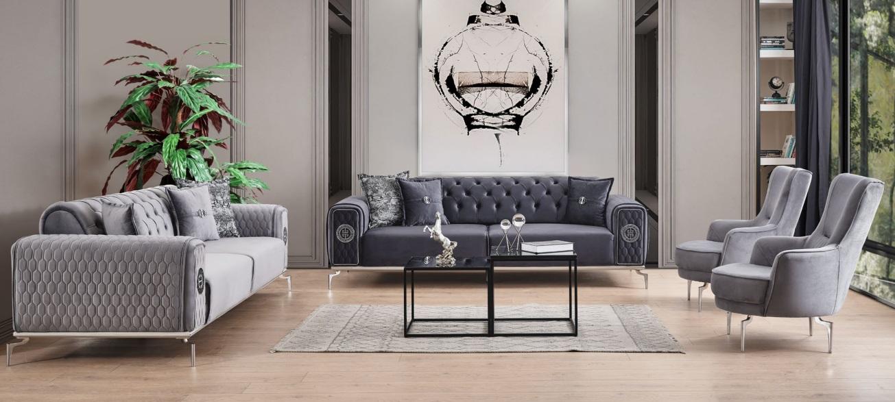 Couchgarnitur Chesterfield Dreisitzer Sessel Grau Stoffsofas 4tlg Set