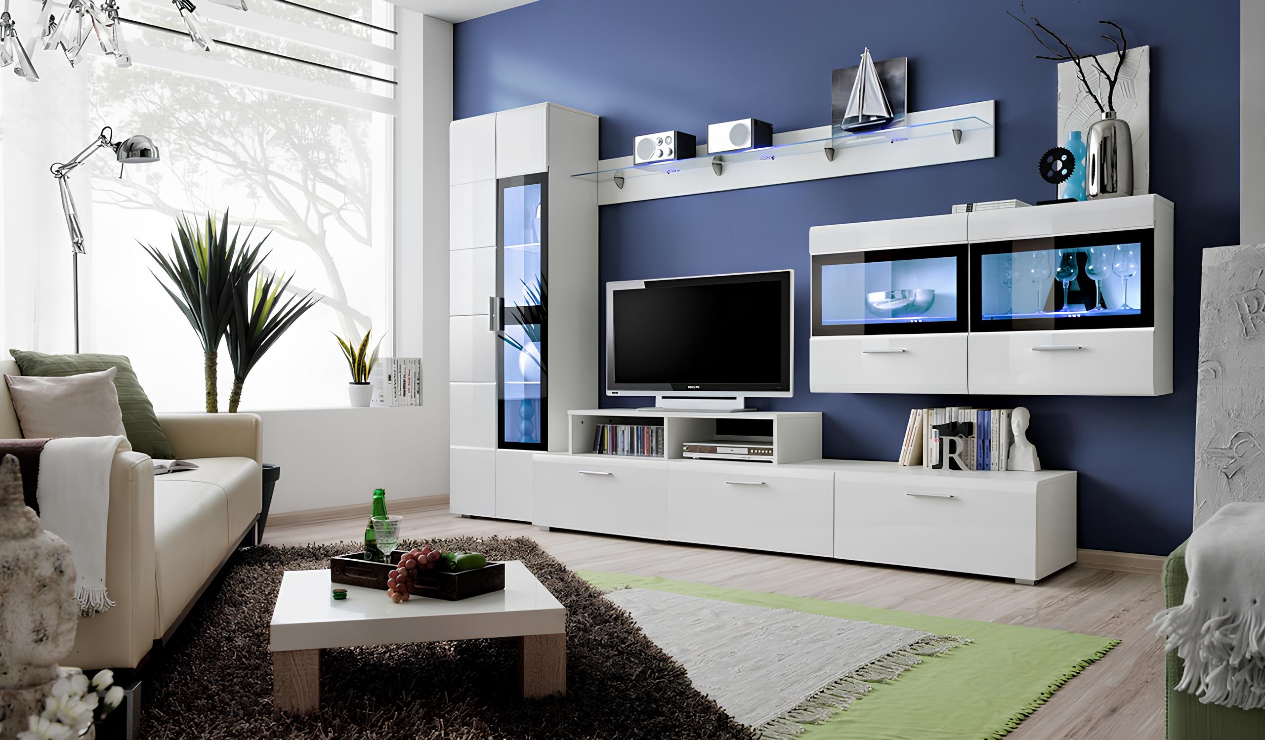Wohnwand Luxus Set Wohnzimmer TV Ständer Vitrine Holz Wandschrank Neu