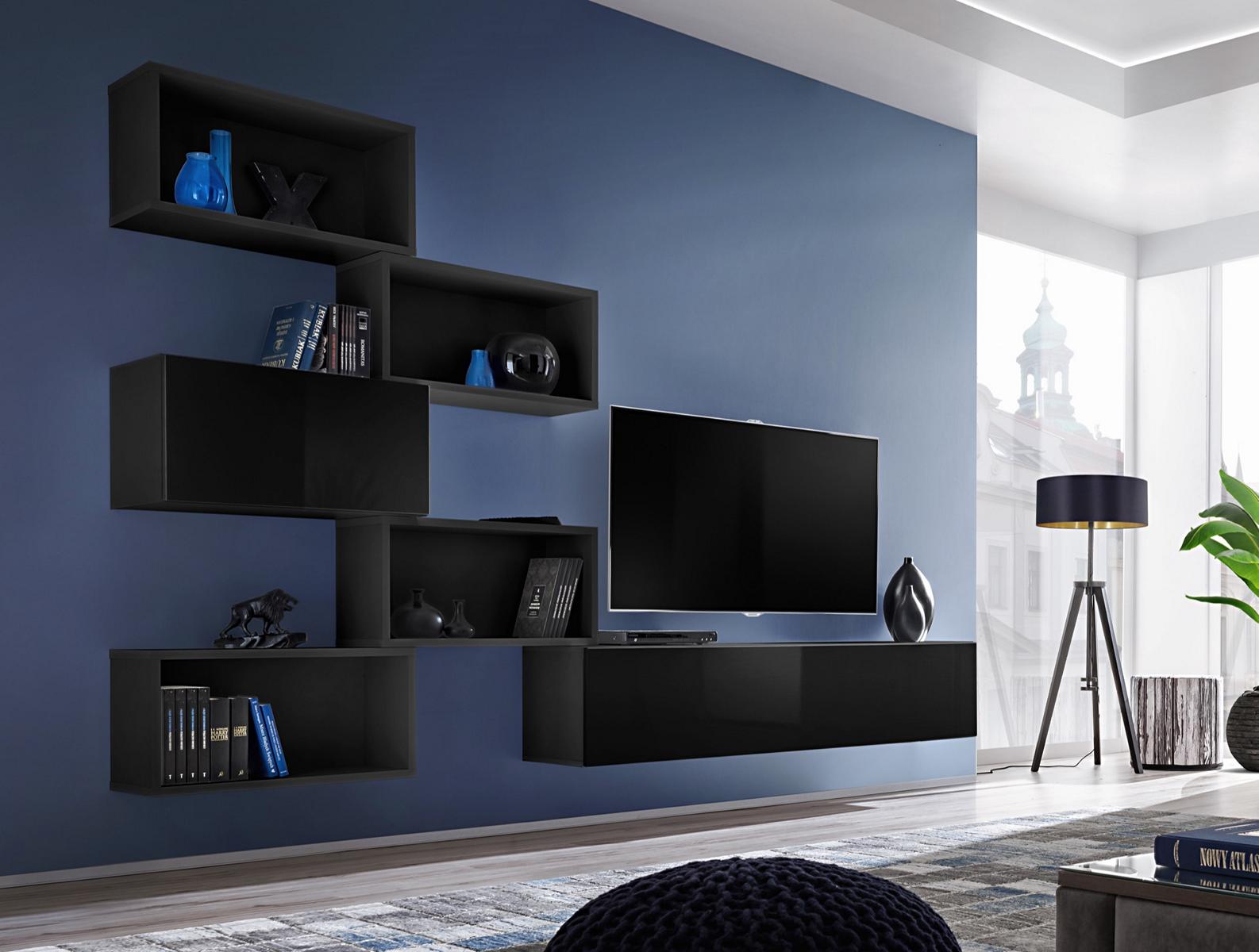 Schwarz Wohnwand Lowboard Modern TV-Ständer Wohnzimmer Wandregal