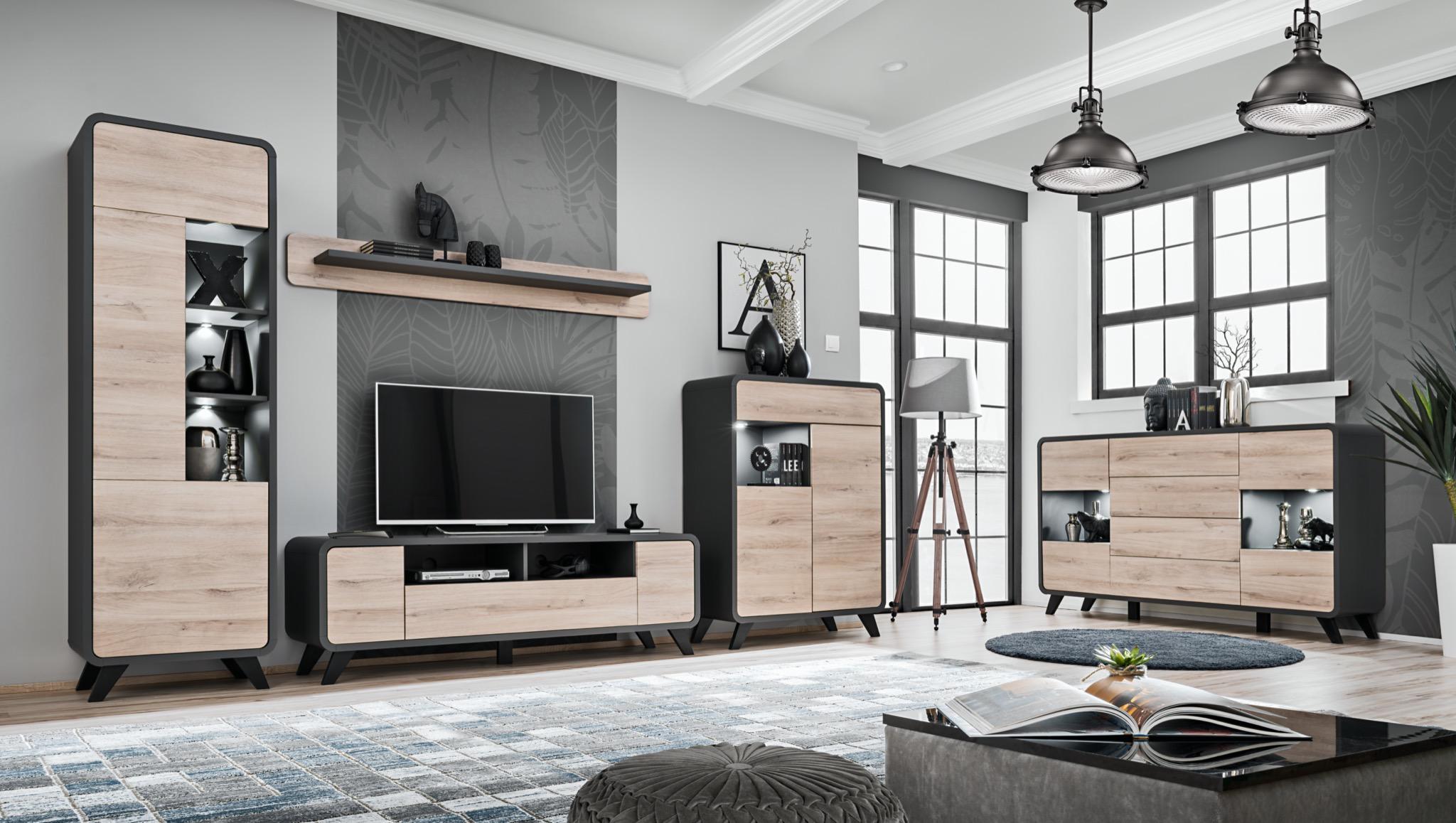 Wohnwand Set 5 tlg Wohnzimmer TV-Ständer Vitrine Regal Modern Garnitur Holzmöbel