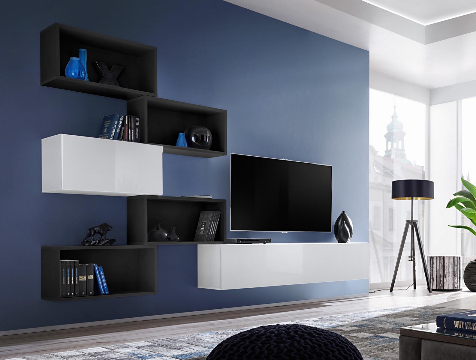 Modern Wohnwand Schwarz Designer Wohnzimmer Möbel Holz TV-Ständer