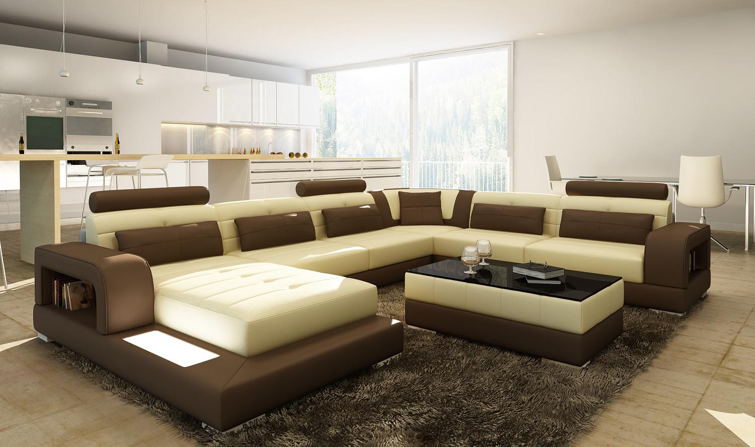 XXL Big Wohnlandschaft Sofa + USB Polster Eck Leder Sofas Garnitur Couchen LED