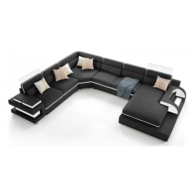 Ledersofa + USB Sofa Couch Polster Ecksofa Wohnlandschaft Eck Schwarze Garnitur