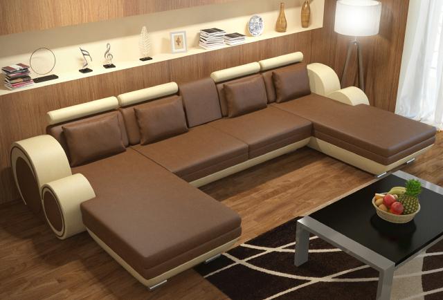 Lederecksofa + USB Ledereckcouch Garnitur XXL LiegeLedersofa Berlin U-Form Couch