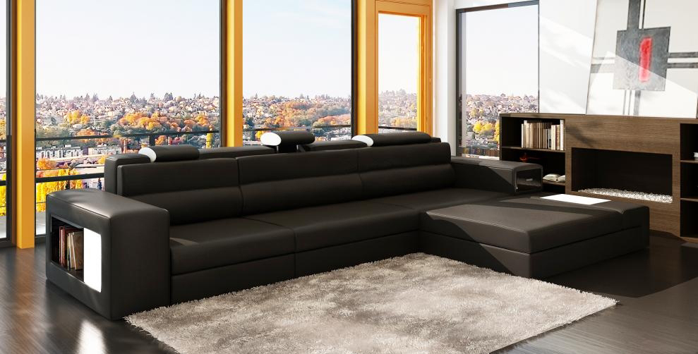 Designsofa Sofa Couch USB Polster Ecksofa Garnitur Wohnlandschaft Ledersofa LED